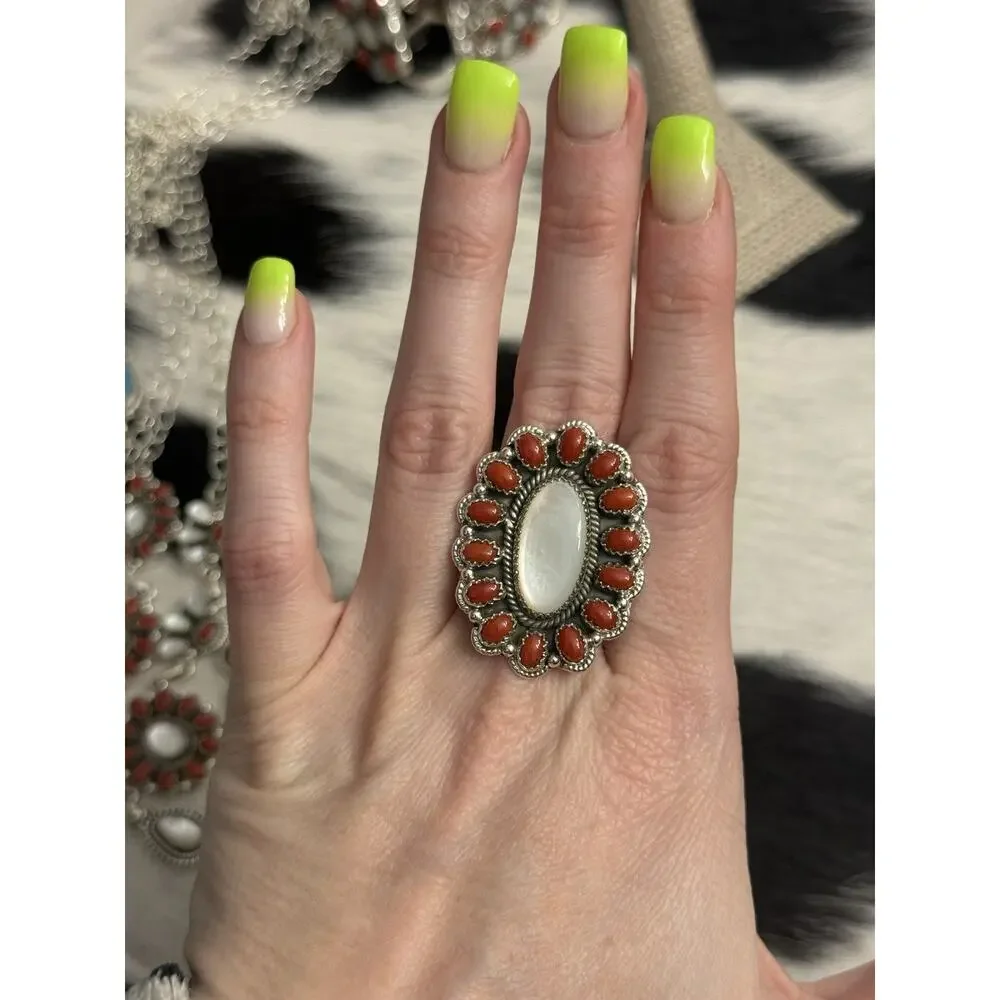 Native American Sterling Silver Mother Pearl Red Coral Multistone Cluster Ring